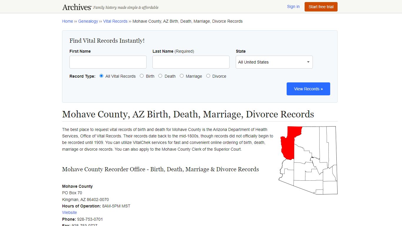 Mohave County, AZ Birth, Death, Marriage, Divorce Records